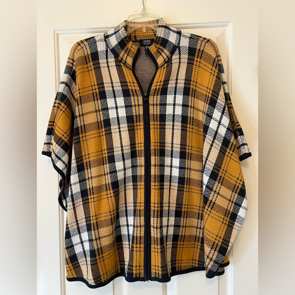 Jones New York Yellow and Black Plaid Zip Sweater Poncho Cape Women’s small med